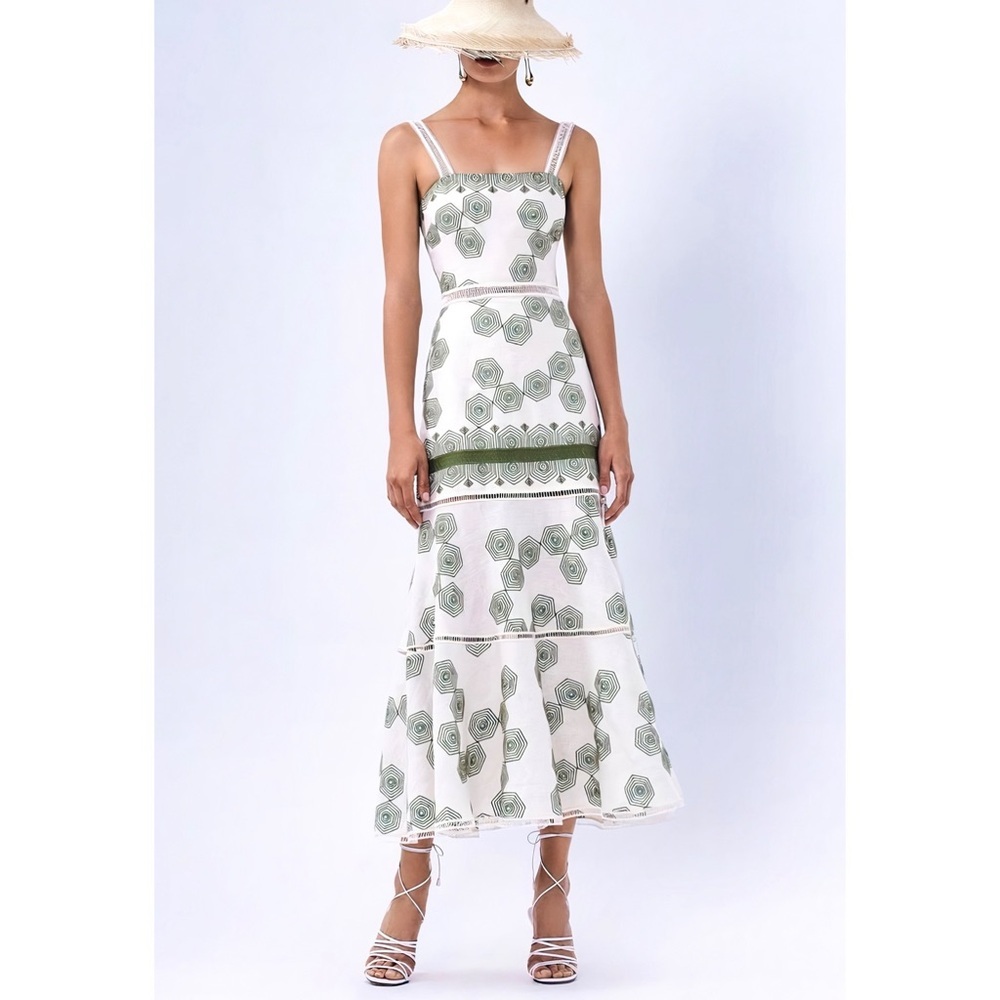 Alexis White Midi Dress with Sage Green Floral Motif